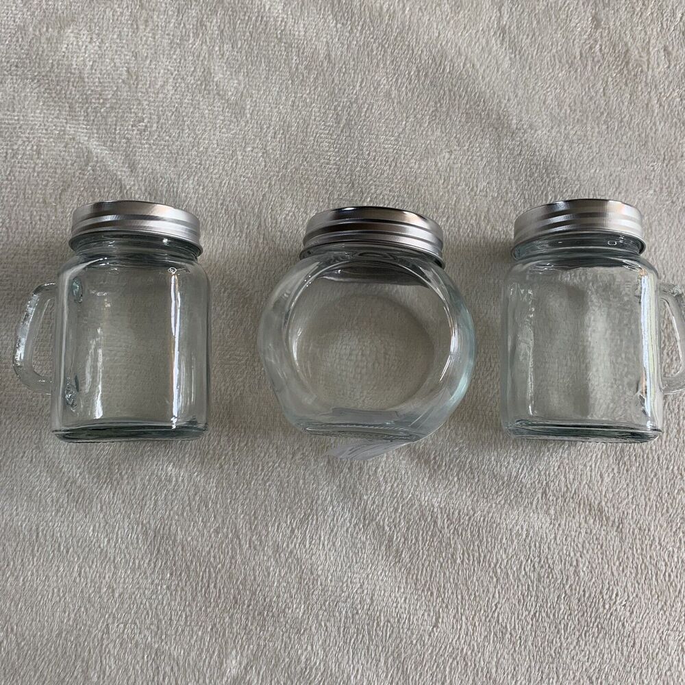 3 Mini Glass Mason Jars Slanted Cookie Jar Candy Screw Silver Lid Handles Shot